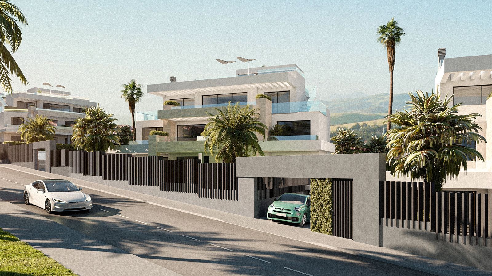 Buitenaanzicht van Equilibrio Appartementen met moderne architectuur en auto's.