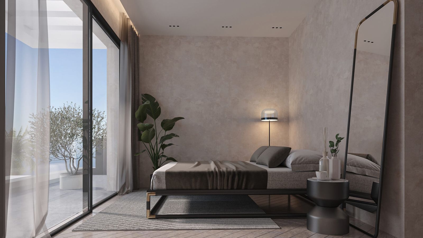 Moderne slaapkamer met balkon en uitzicht op zee